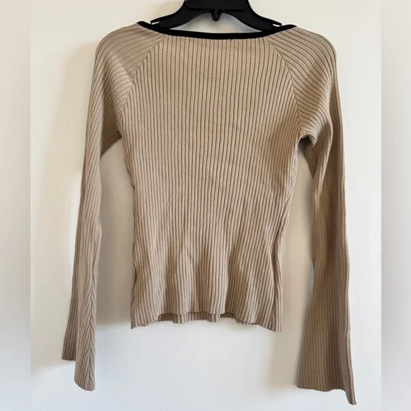 Ribbed V-Neck Tan Sweetheart Neck Contrast Trim Sweater,Long Sleeve Tops S - Picture 6 of 8
